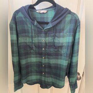 New SO Green and Navy Plaid Button Down Hoodie